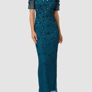 Adrianna Papell Teal Sapphire Beaded Long 3D Floral Dress Size 16 Short Sleeves